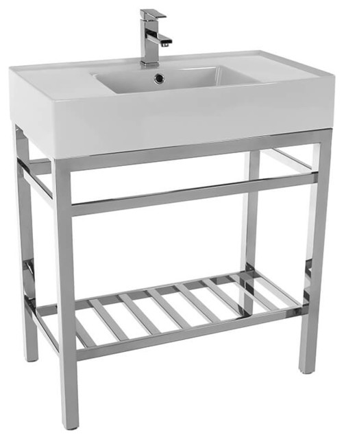 Modern Ceramic Console Sink With Counter Space and Chrome Base