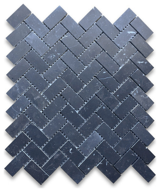 Nero Marquina 1x2 Herringbone Mosaic Tile Honed Contemporary Mosaic
