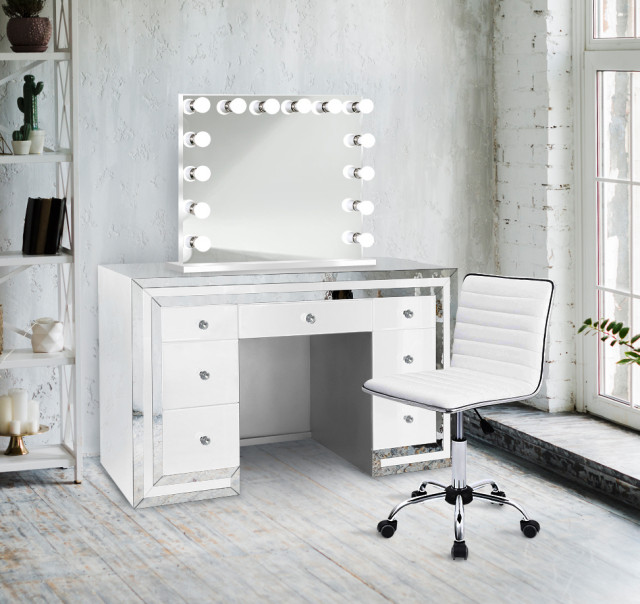 GlamCrystal Mirrored 7Drawer LED Makeup Station Contemporary