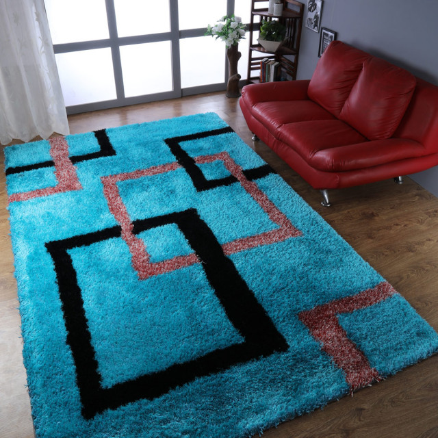 Hand Tufted Shag Polyester Area Rug Geometric Turquoise, [Rectangle] 4 ...