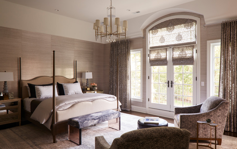Inspiration for a transitional bedroom in Chicago with brown walls, dark hardwood floors and brown floor.