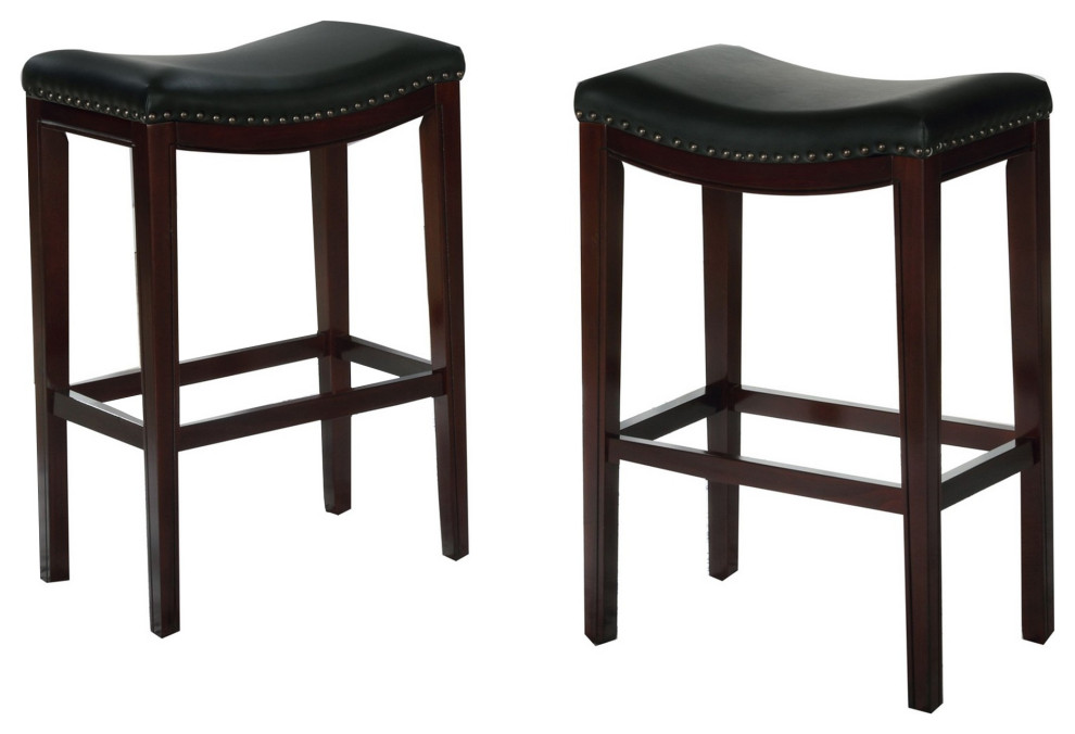 Wooden Bar Height Stool, Set Of 2, Black And Brown Transitional Bar