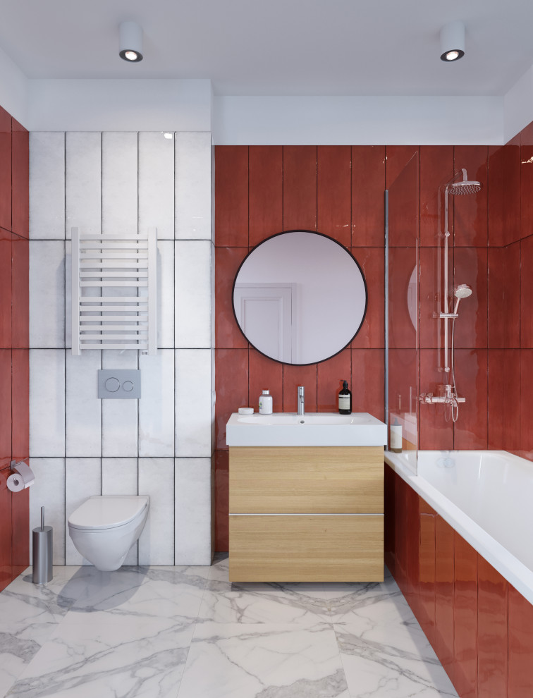 Дизайн интерьера ванной комнаты в квартире в стиле авангард красного цвета