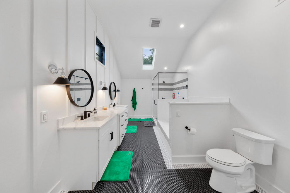 Secondary Bathroom with Vaulted Ceiling & Black Penny Tile – Home Addition in Fl