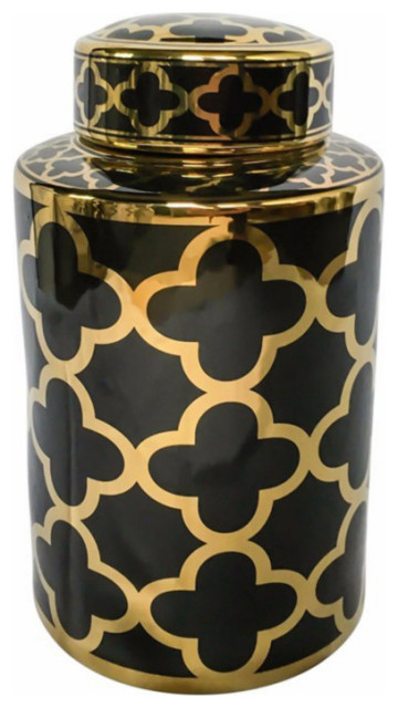 Refined Decorative Ceramic Covered Jar With Lid Black And Gold