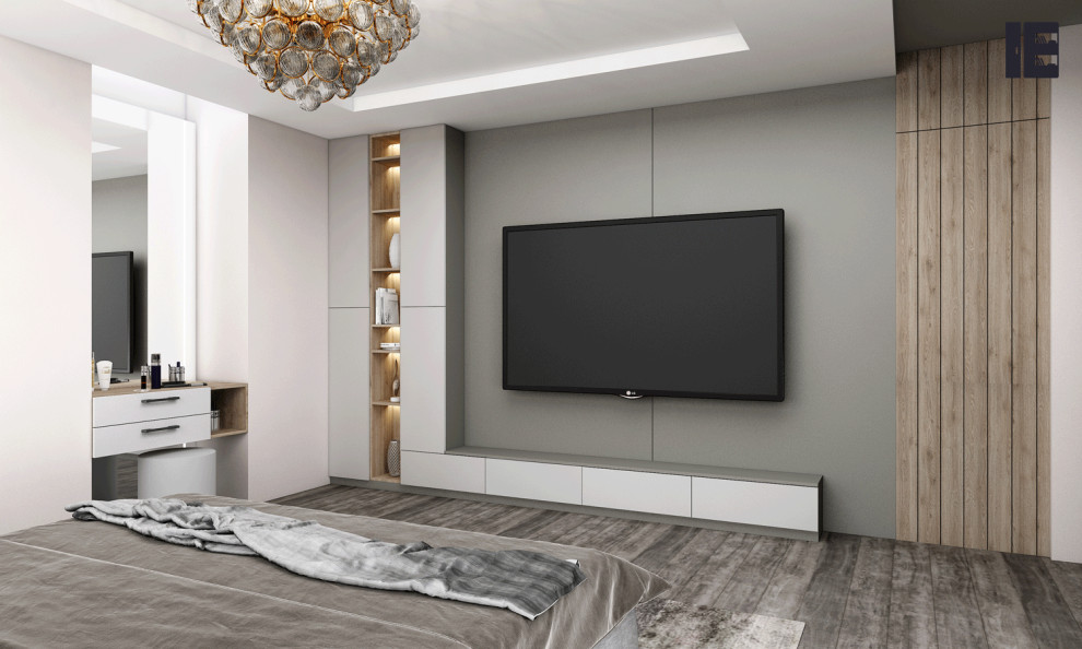 Modelo de cine en casa abierto minimalista grande con televisor colgado en la pared