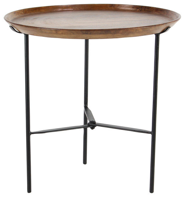Small Round Black Metal and Wood Accent Table Industrial Side