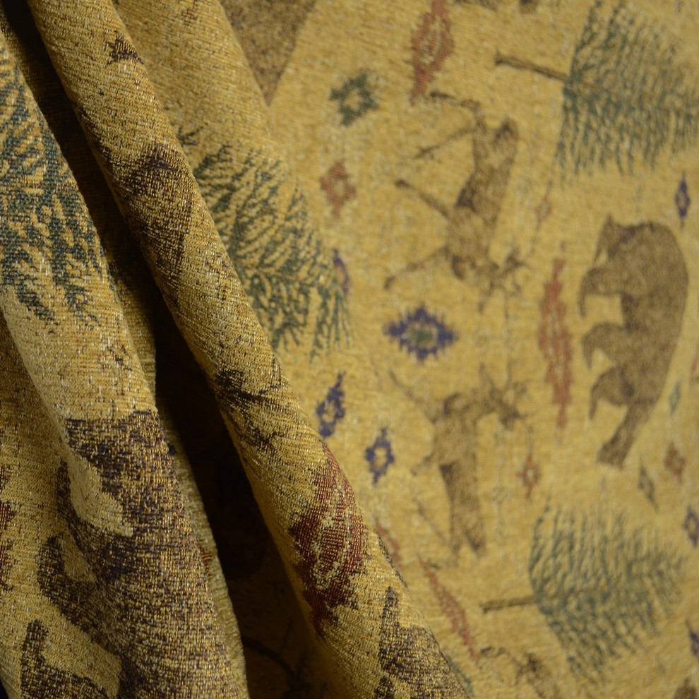 Ottawa Gold Lodge Bear Deer Pine Tree Chenille Upholstery Fabric