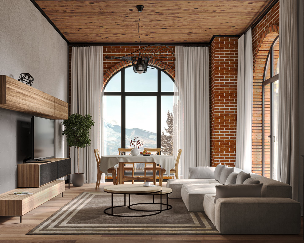 Визуализация гостиной-кухни в стиле лофт