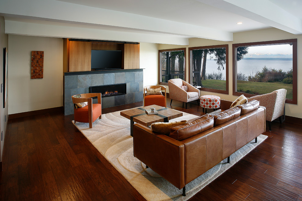 Design ideas for a mid-sized transitional formal open concept living room in Seattle with white walls, dark hardwood floors, a ribbon fireplace, a stone fireplace surround and a concealed tv.