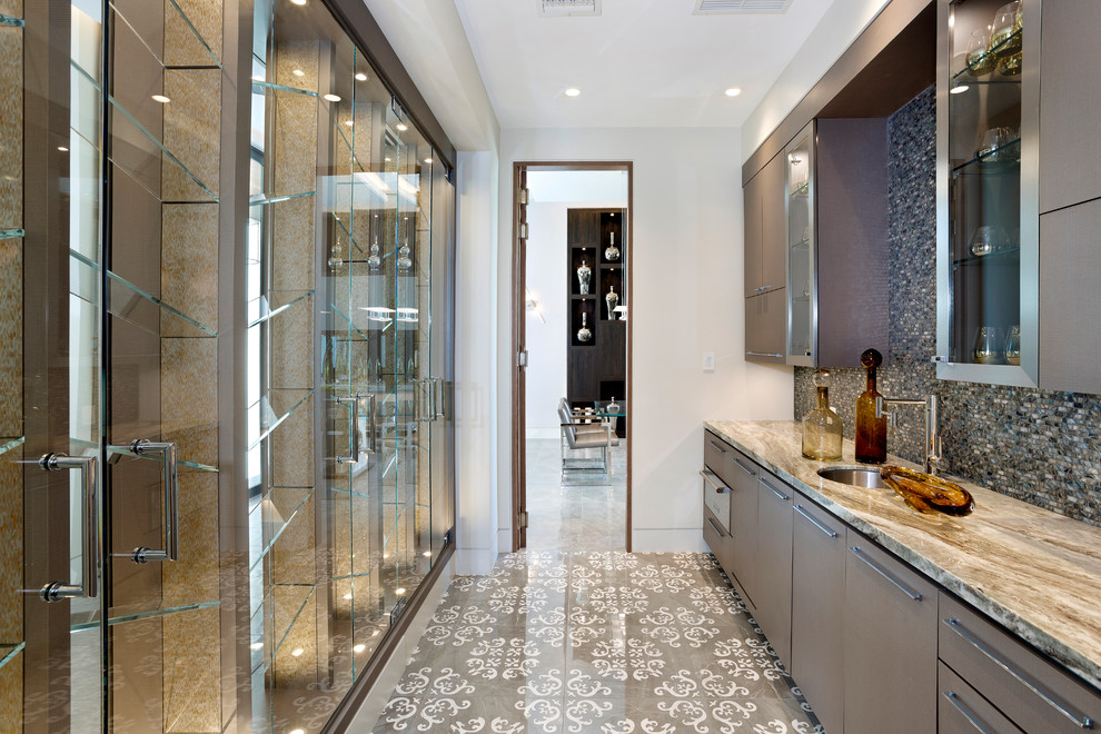 Large wine cellar in Miami with porcelain floors, storage racks and grey floor.