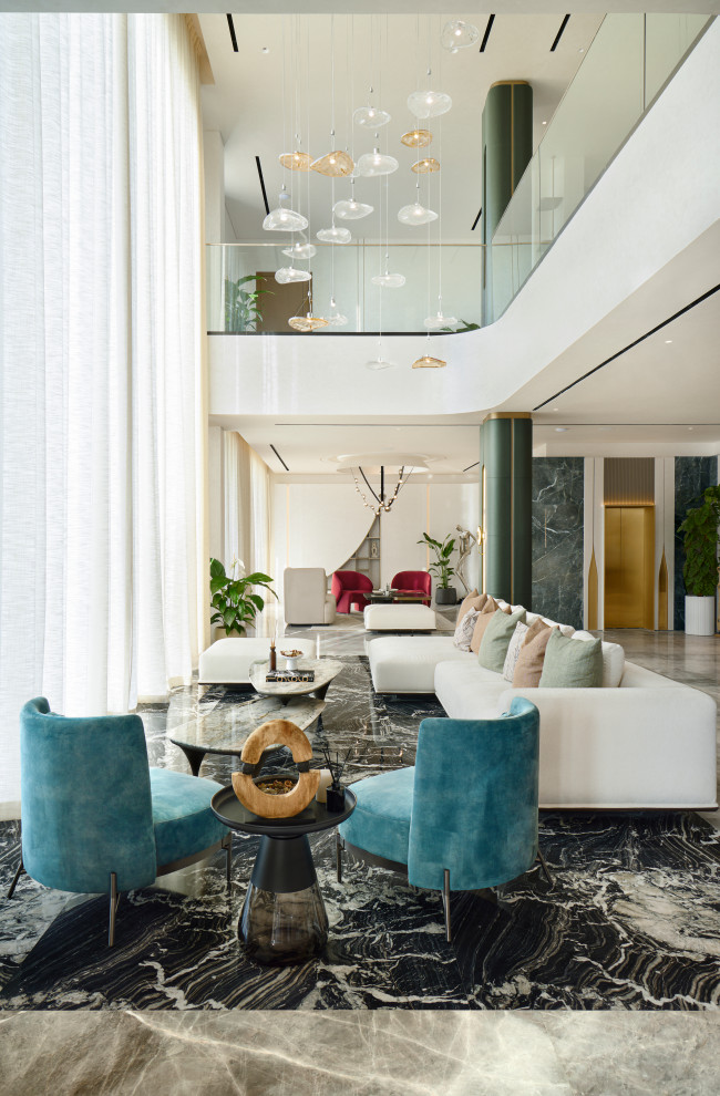 Contemporary Open Concept living room in Mumbai With White Walls.