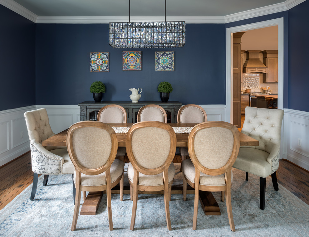 Mid-sized traditional separate dining room in DC Metro with blue walls, no fireplace and dark hardwood floors.