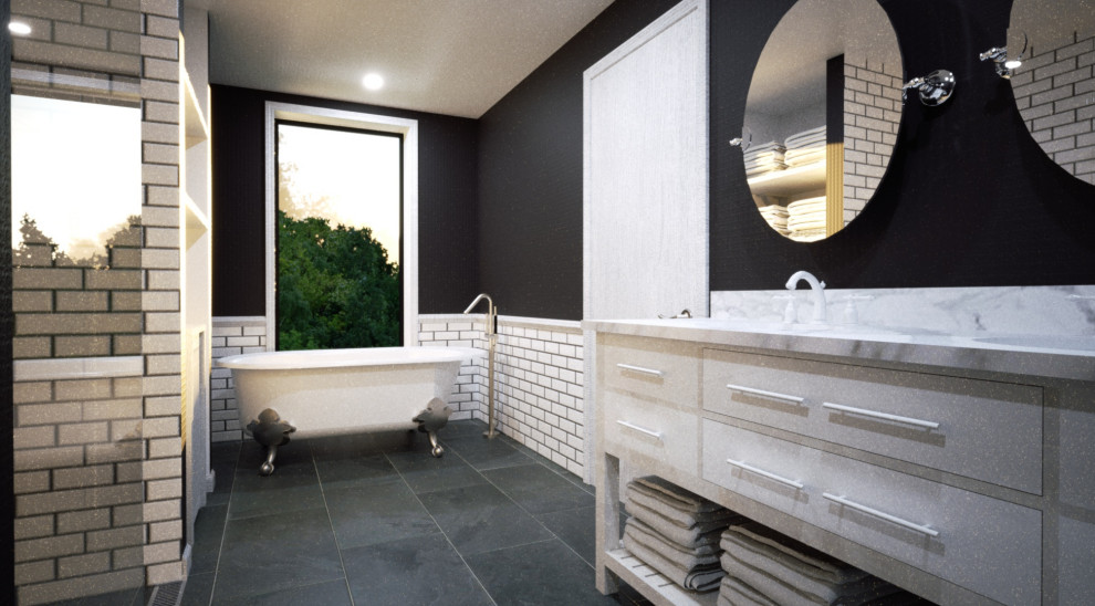 Inspiration for a mid-sized traditional master bathroom in Bridgeport with shaker cabinets, white cabinets, a claw-foot tub, an open shower, a one-piece toilet, white tile, subway tile, black walls, slate floors, an undermount sink, quartzite benchtops, grey floor, an open shower, grey benchtops, a double vanity and a freestanding vanity.