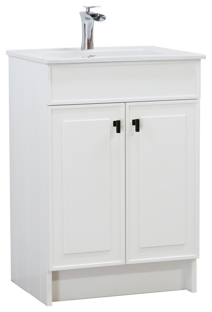 24" Single Sink Foldable Vanity, White With White Ceramic Top, Matte Black