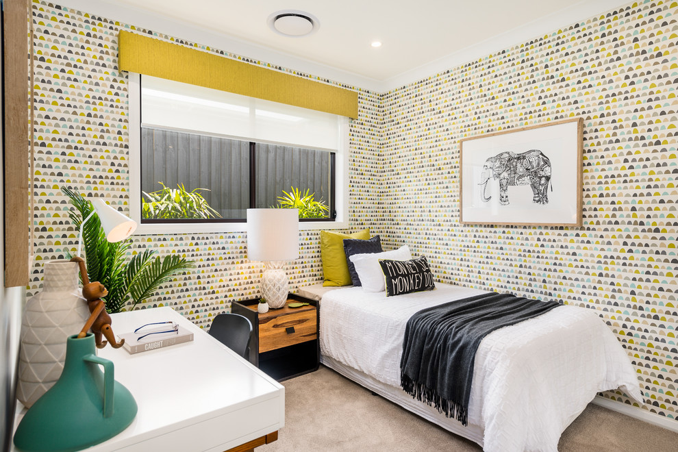 Contemporary guest bedroom in Sydney with multi-coloured walls, carpet and beige floor.