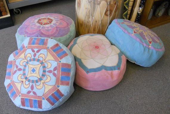 Hand-Painted Canvas Pouf, Atomic Lotus by Interior Alchemy