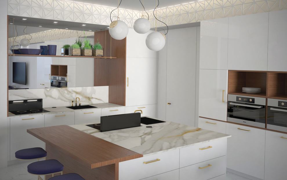 Mid-sized modern eat-in kitchen in Tel Aviv with an undermount sink, flat-panel cabinets, white cabinets, marble benchtops, white splashback, marble splashback, coloured appliances, marble floors, with island, white floor and white benchtop.