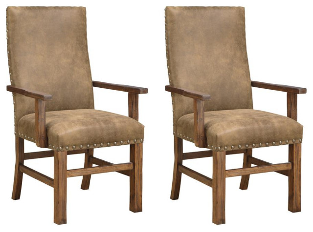 Almond Upholstered Dining Arm Chair with Arms And Nailhead Trim, Set of Two