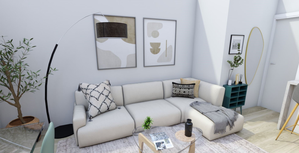 Modelo de salón abierto y blanco escandinavo de tamaño medio sin chimenea con paredes grises, suelo de madera clara, televisor colgado en la pared y suelo beige