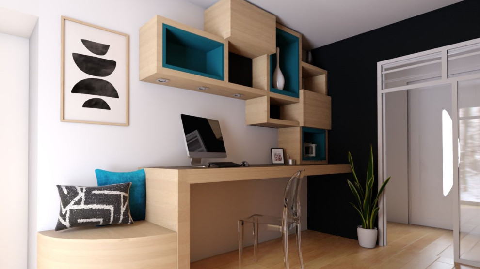 Idéer för små funkis hemmabibliotek, med blå väggar, ljust trägolv och ett fristående skrivbord