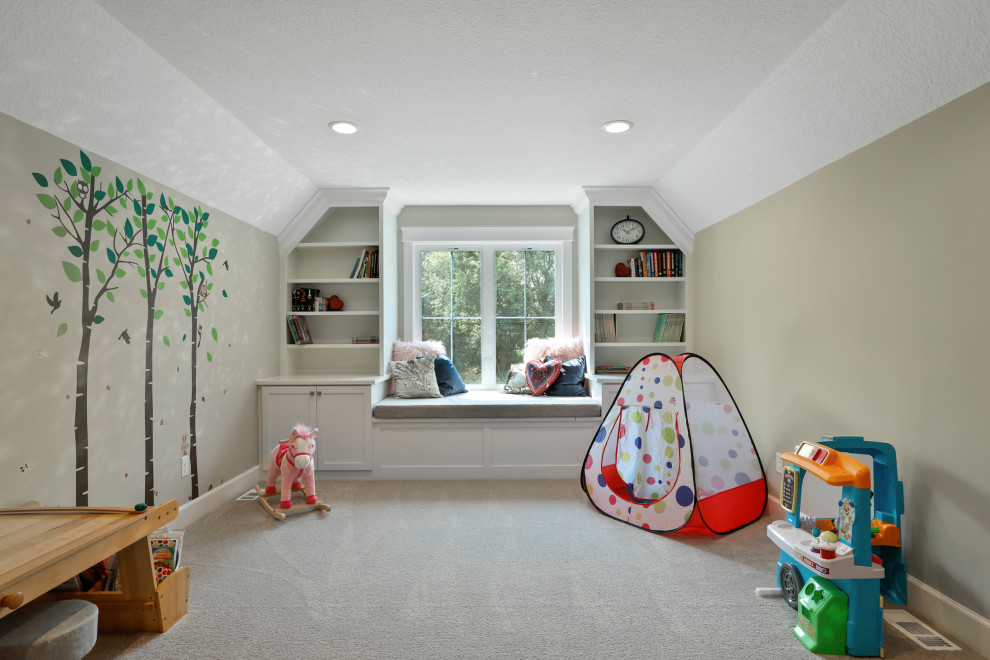 Photo of a large country open concept family room in New York with beige walls and carpet.