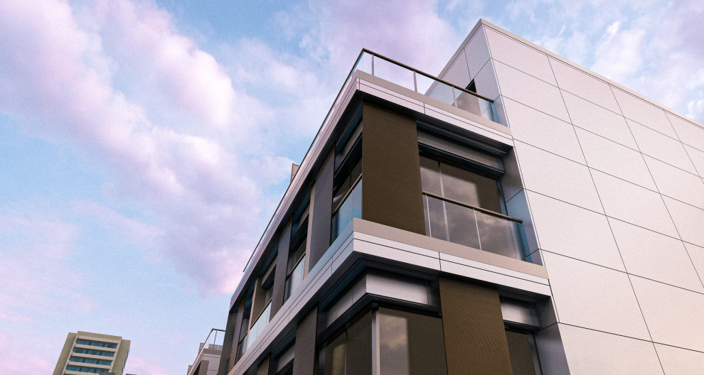 Geräumiges, Vierstöckiges Modernes Wohnung mit Mix-Fassade, grauer Fassadenfarbe, Flachdach und grauem Dach in Bordeaux