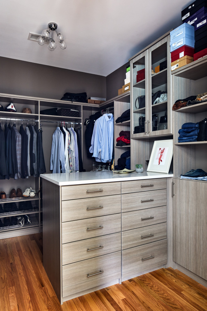 Inspiration for a large contemporary gender-neutral walk-in wardrobe in DC Metro with flat-panel cabinets, grey cabinets and medium hardwood floors.