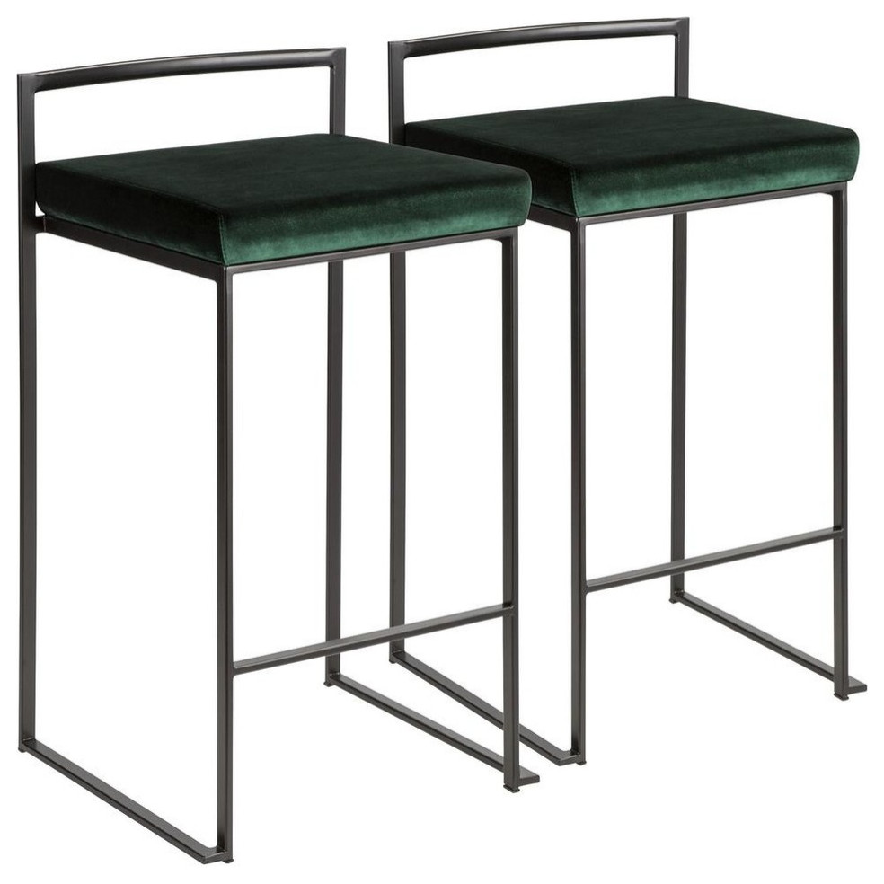 Fuji Contemporary Stackable Counter Stools, Black Green Velvet Cushion, Set of 2
