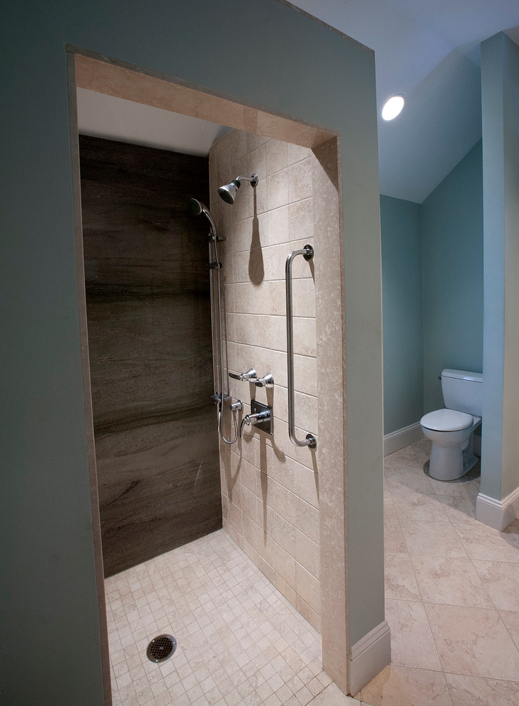 Design ideas for a large transitional master bathroom in Boston with granite benchtops, a curbless shower, a two-piece toilet, beige tile, stone tile, green walls and porcelain floors.