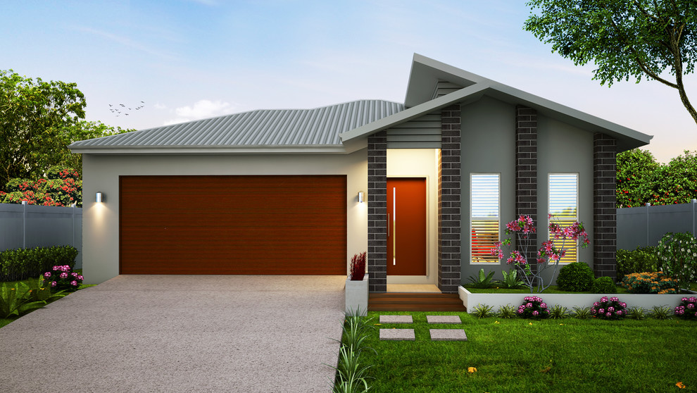 Photo of a mid-sized contemporary one-storey brick grey house exterior in Brisbane with a metal roof.