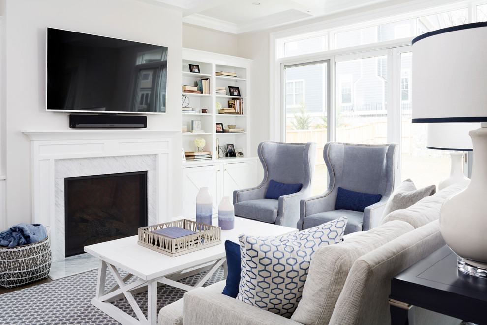 Inspiration for a mid-sized transitional open concept living room in DC Metro with beige walls, dark hardwood floors, a standard fireplace, a stone fireplace surround, a wall-mounted tv and blue floor.