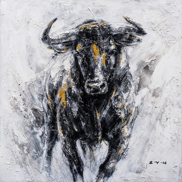 "Fearless Bull Hand Painted" Canvas Artwork, 40"x40" Farmhouse