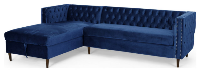 Aryan Tufted Velvet Sectional Sofa With Storage Chaise, Midnight Blue/Espresso