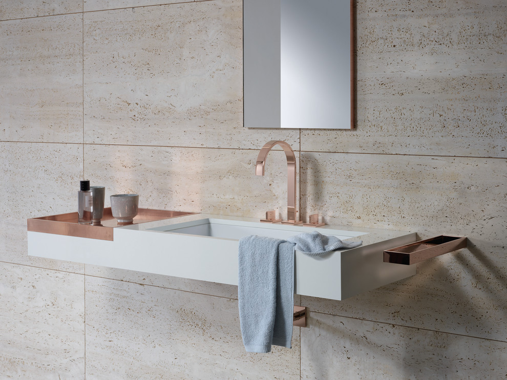 Inspiration for a contemporary bathroom in Calgary with open cabinets, beige tile, brown tile, slate, beige walls, an undermount sink and copper benchtops.