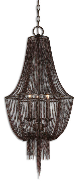 15" Gothic Bronze Chain Pendant Chandelier, 3-Light