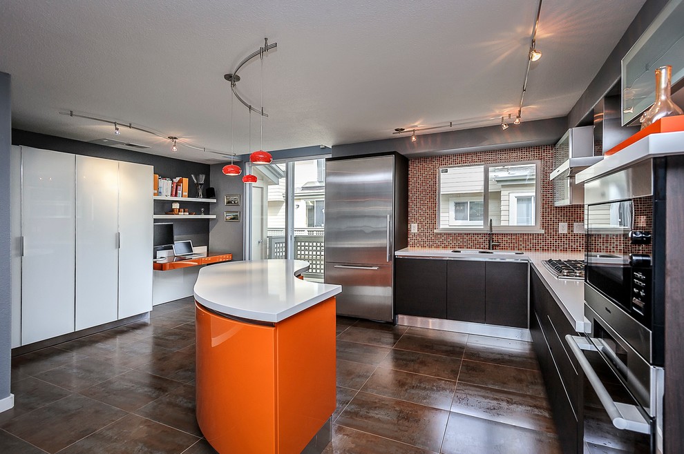 This is an example of a mid-sized contemporary l-shaped eat-in kitchen in San Francisco with flat-panel cabinets, dark wood cabinets, orange splashback, mosaic tile splashback, stainless steel appliances, an integrated sink, quartz benchtops and with island.