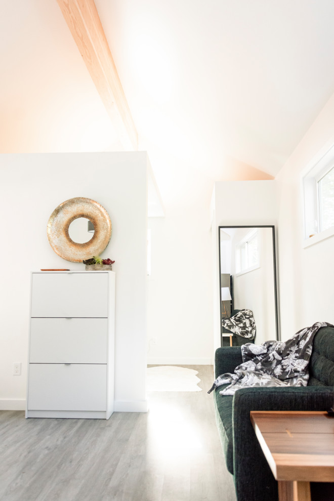 Идея дизайна: маленькая гостиная комната в классическом стиле с белыми стенами и телевизором на стене без камина для на участке и в саду