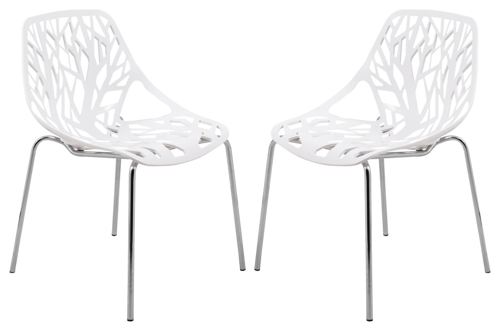 Leisuremod Asbury Plastic Dining Chair With Chromed Legs, Set of 2, White