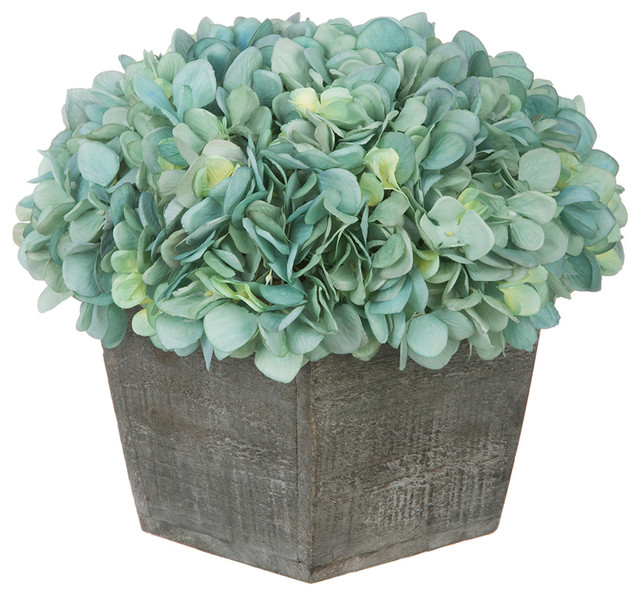 Artifial Hydrangea in Gray-washed Wood Cube, Teal ...