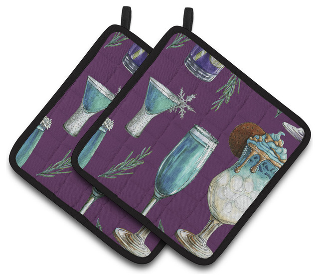 Drinks and Cocktails Purple Pot Holders, Set of 2 Contemporary Oven