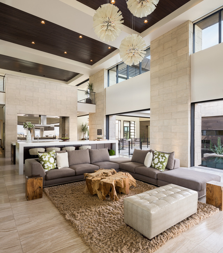 Design ideas for an expansive contemporary open concept living room in Las Vegas with white walls.