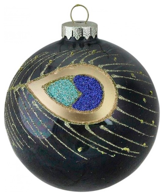 4", 100 mm. Peacock Feather Black Ball Christmas Ornament