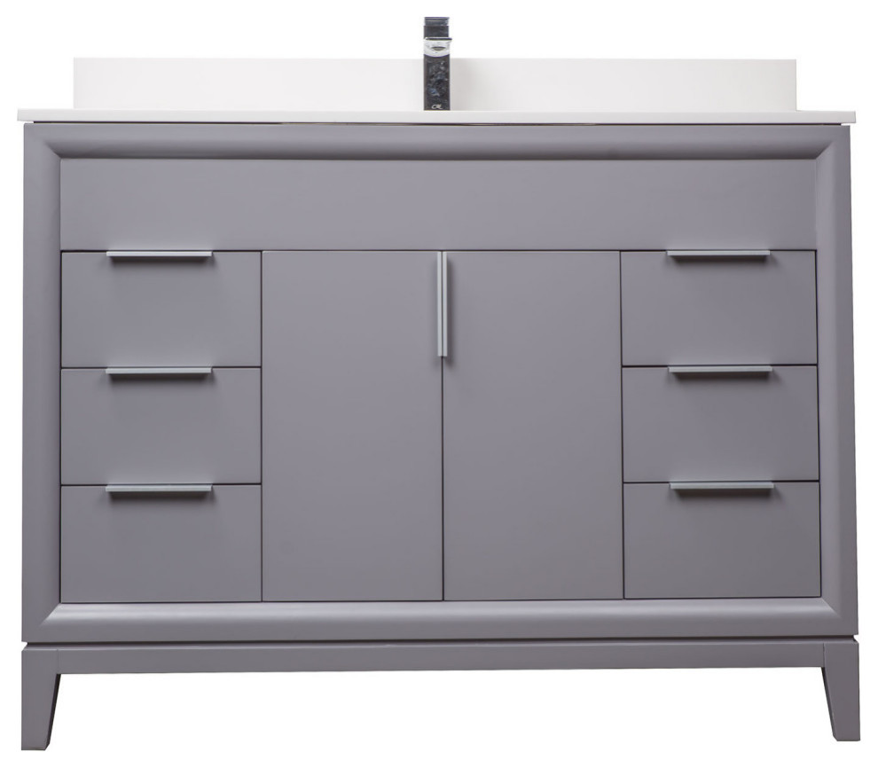 Single Solid Wood Bath Vanity With White Quartz Top, Slate Gray, 48"