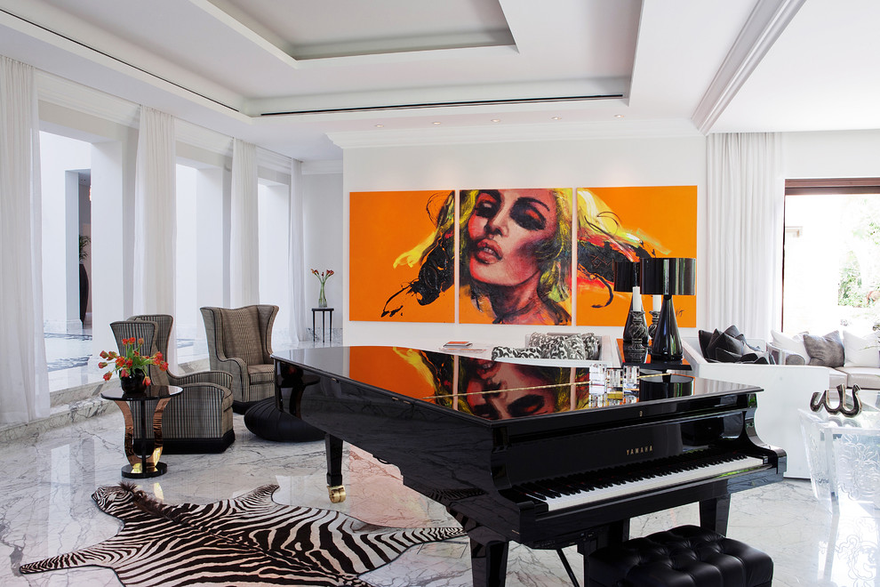 Inspiration for a contemporary open concept living room in Denver with a music area, white walls and marble floors.