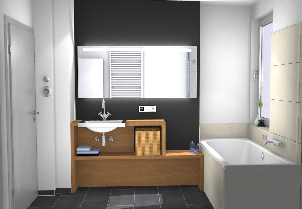 Inspiration for a small contemporary bathroom in Hanover with open cabinets, medium wood cabinets, a drop-in tub, beige tile, slate floors, a drop-in sink, brown benchtops, a shower/bathtub combo, a wall-mount toilet, ceramic tile, black walls, black floor and a hinged shower door.