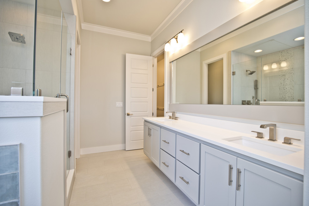 Photo of a contemporary bathroom in Other with engineered quartz benchtops and white benchtops.