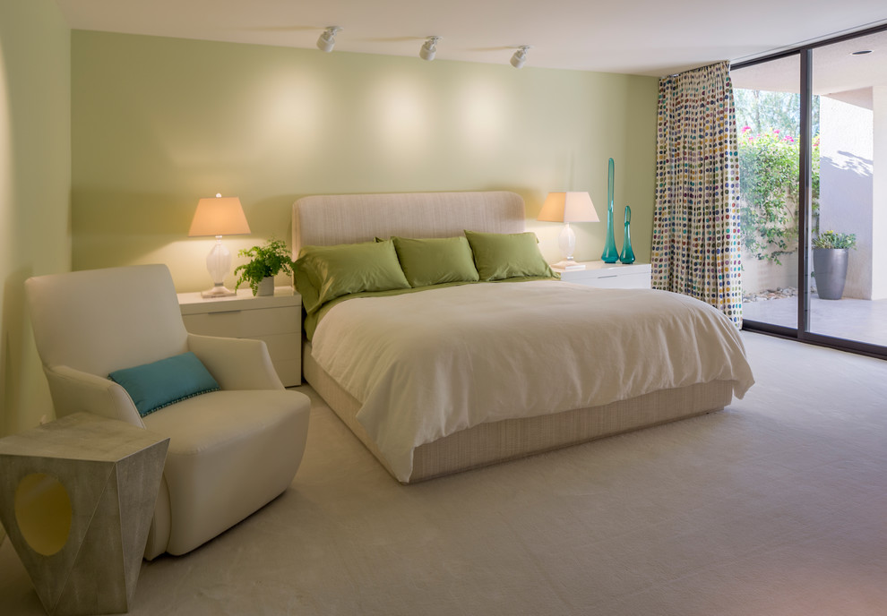 Design ideas for a large contemporary guest bedroom in DC Metro with green walls, carpet and beige floor.