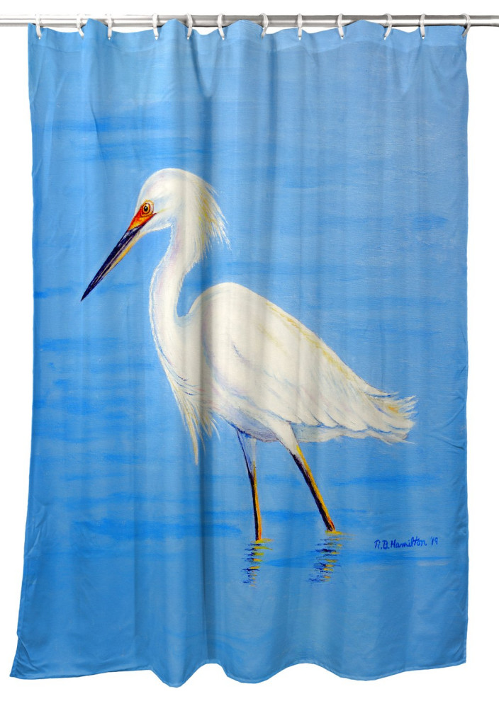 Betsy Drake Stalking Snowy Egret Shower Curtain, 74 inches Beach