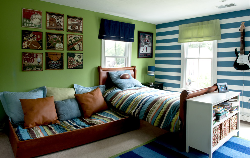 Example of a classic boy carpeted kids' room design in Boston with green walls